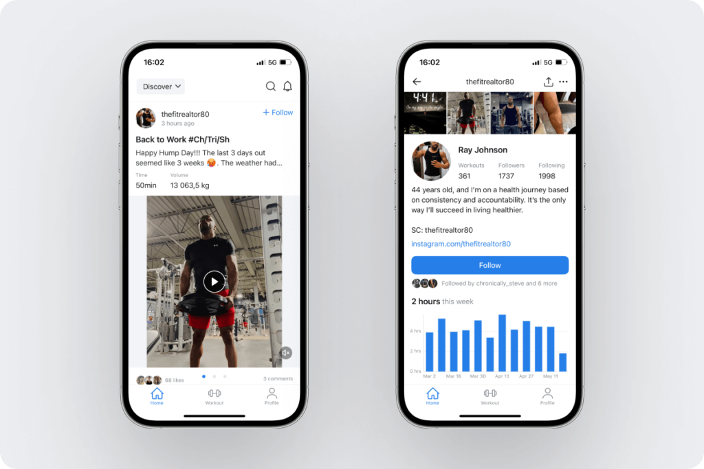 a look at a Hevy user's workout displayed in the Discover feed and how their profile appears when you open it