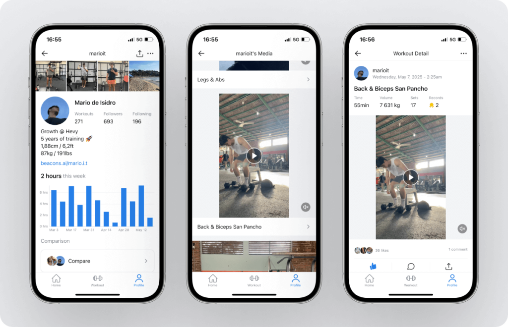 a look at the profile of a Hevy user you follow along with their uploaded media - videos and photos