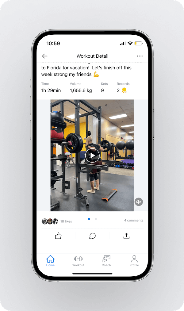 an overview of a user's workout with a written description, summary, and training video in the app's discovery feed