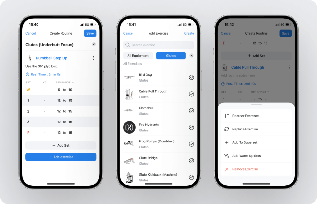 three screenshots from the Hevy app showing how users can create glute-focused workouts with exercises from the library